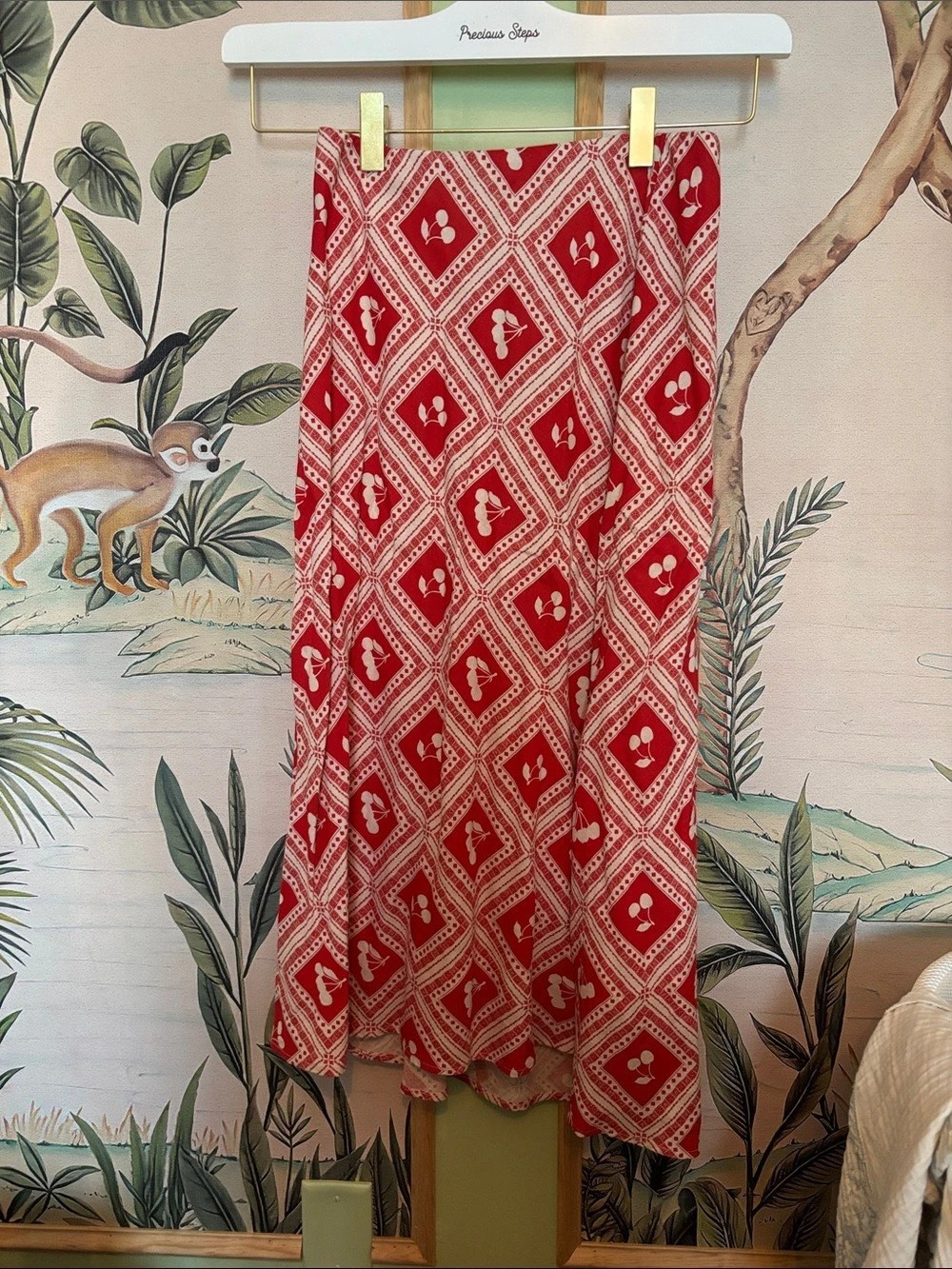 Abercrombie & Fitch Red Cherry Print Linen-Blend Midi Skirt